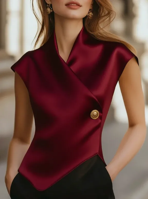 Elegant Cap Sleeve Satin Wrap Blouse With Sculpted Silhouette Burgundy - Shop at LoveMi