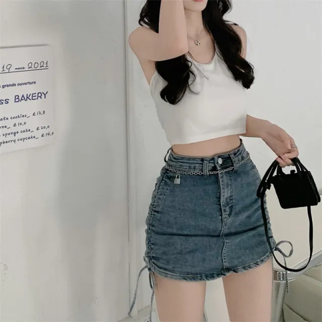 A line Skirt High Waist Bag Hip Drawstring Denim Skirt Blue Denim Skirt - Shop at LoveMi