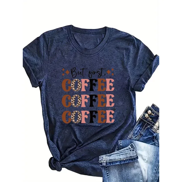 Women's 'COFFEE' Print Round Neck Tee Summer Casual T Shirt Dark Blue - Shop at LoveMi