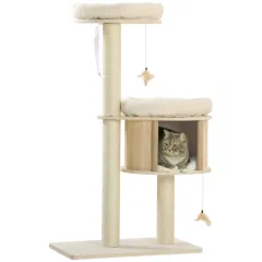 PawHut 3 Level Cat Tree With Sisal Scratching Posts Cat Badminton Toy For Playing Soft Cushions Play Areas - Natural - View 1