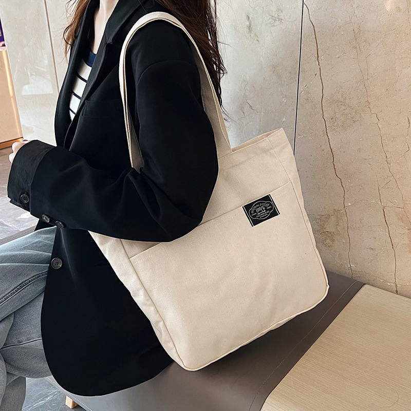 Preppy Style Canvas Handbags Women's Solid Color Simple Large Capacity Daily Shoulder Bag Multiple Pockets Shopping Bags Girls Students