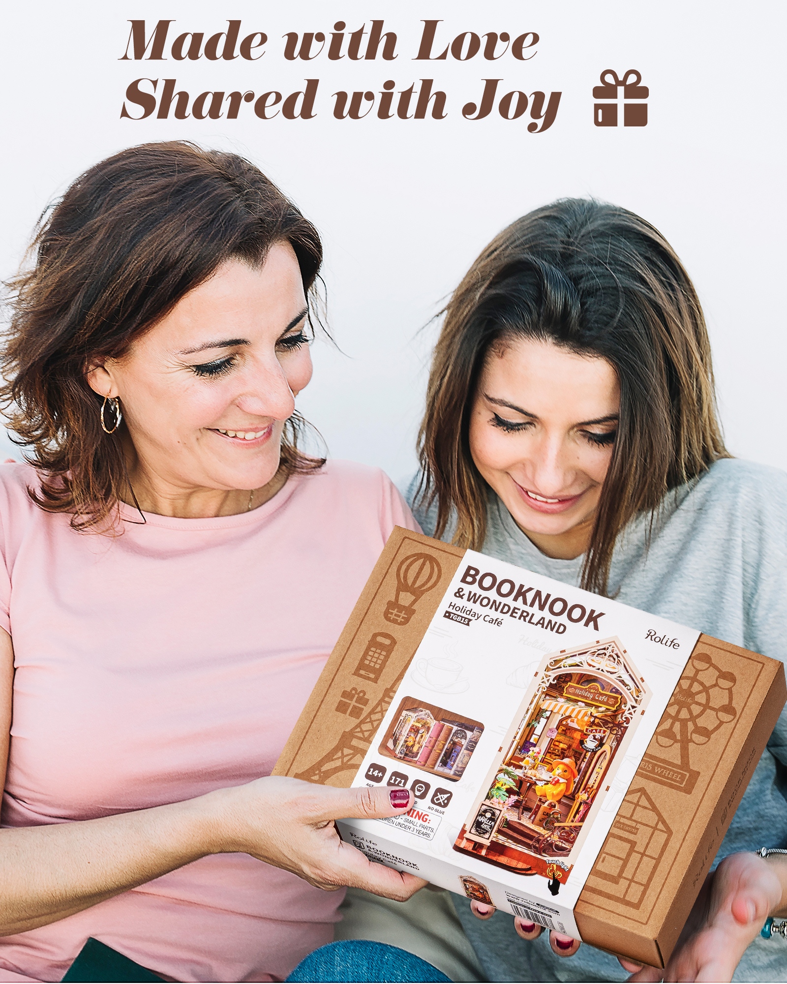 Rolife Holiday Cafe Reading Corner Set, DIY Mini House With Warm LED Lights, Glue-Free Assembly, Bookshelf Decoration, Creative Gift For Adults