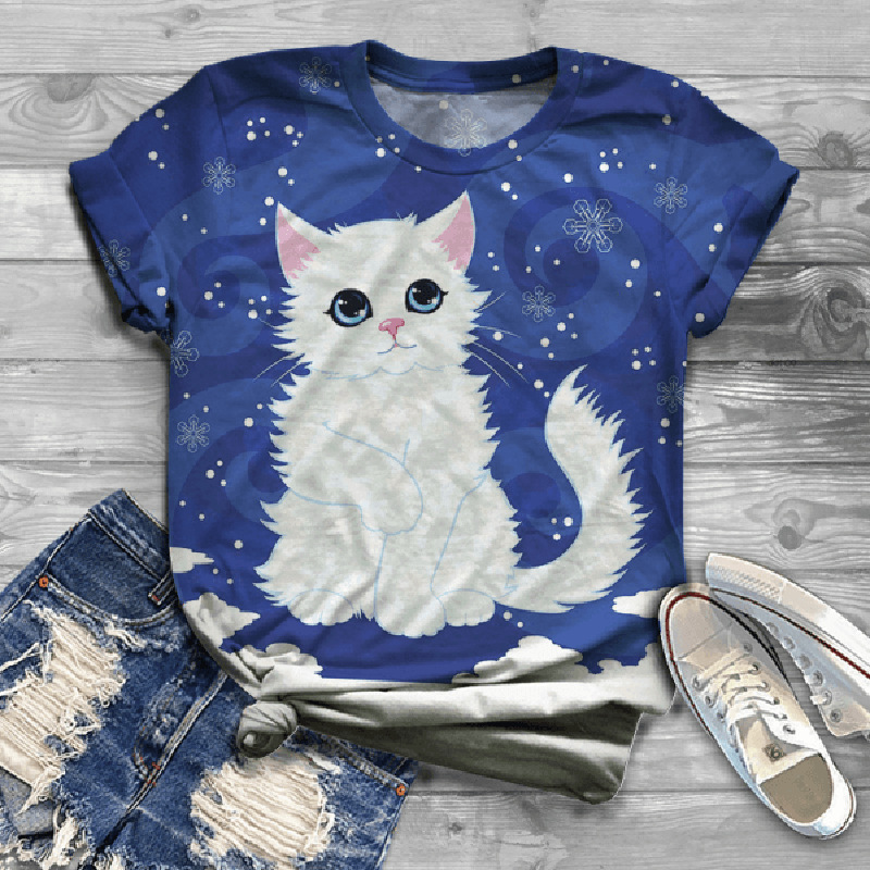 Title 11, Fashion Digital Cat Print Female T Short Sleeve