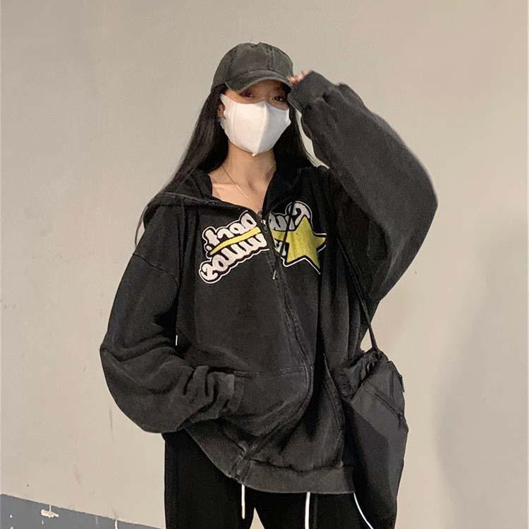 Women's American style Retro Washed Distressed Letters Printed Hoodie Long sleeved Coat Gray - Shop at LoveMi