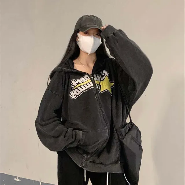 Women's American style Retro Washed Distressed Letters Printed Hoodie Long sleeved Coat Black - Shop at LoveMi