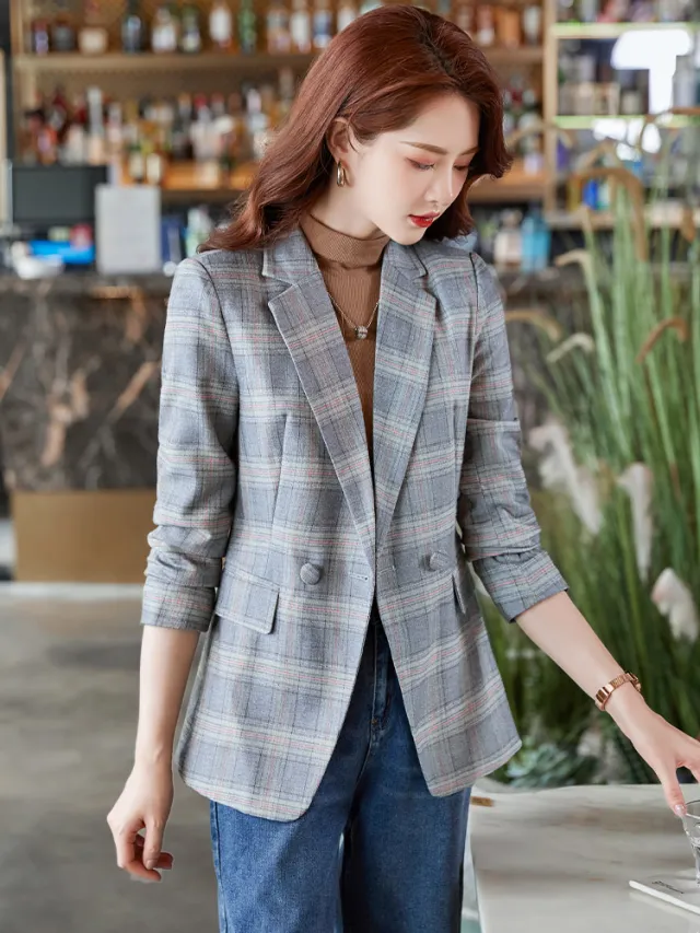 Coffee Plaid Suit Jacket Women Autumn Loose Little Man Grey - Shop at LoveMi