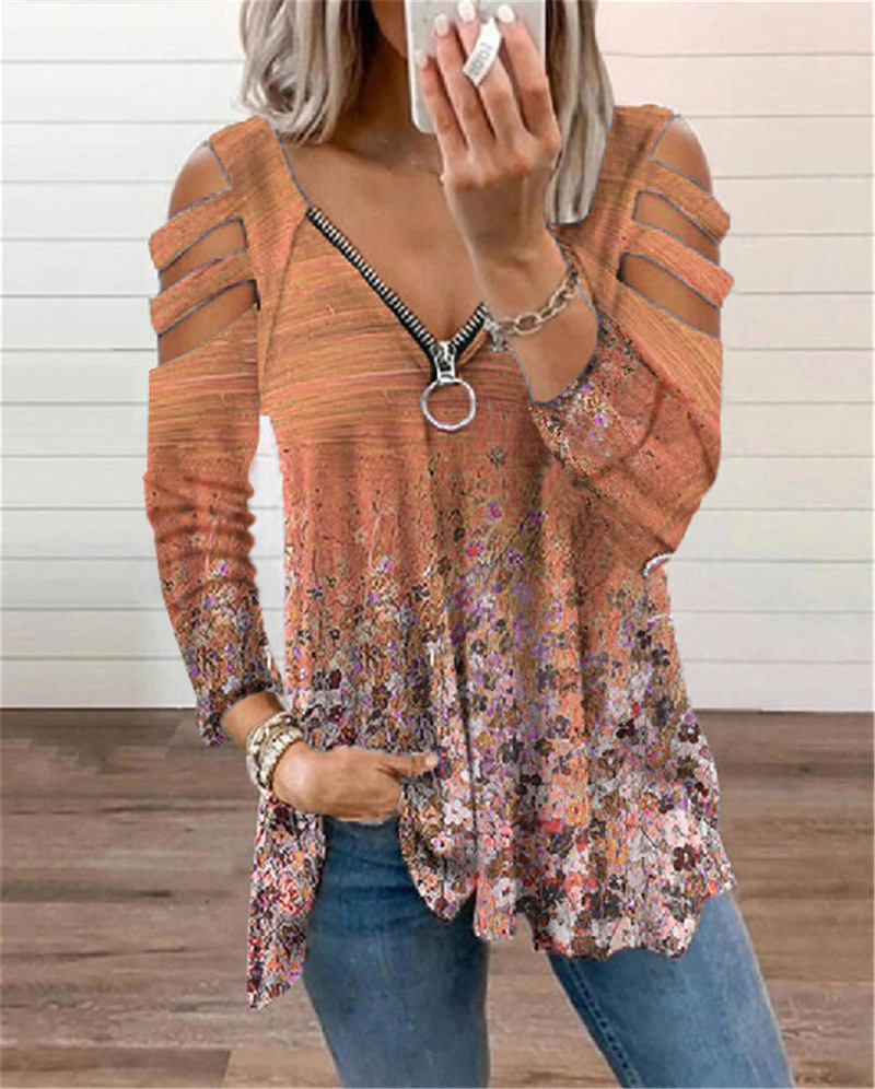 Title 3, V-neck Small Floral Zipper Long-sleeved Loose T...