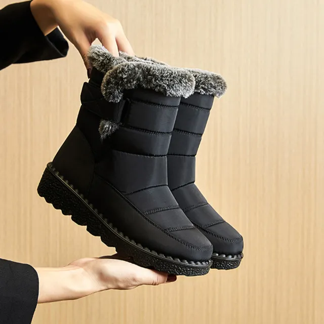 Snow Boots Winter Warm Hook And Loop Fastener Plush Shoes Women Waterproof Low Heels Platform Ankle Boots Black - Shop at LoveMi