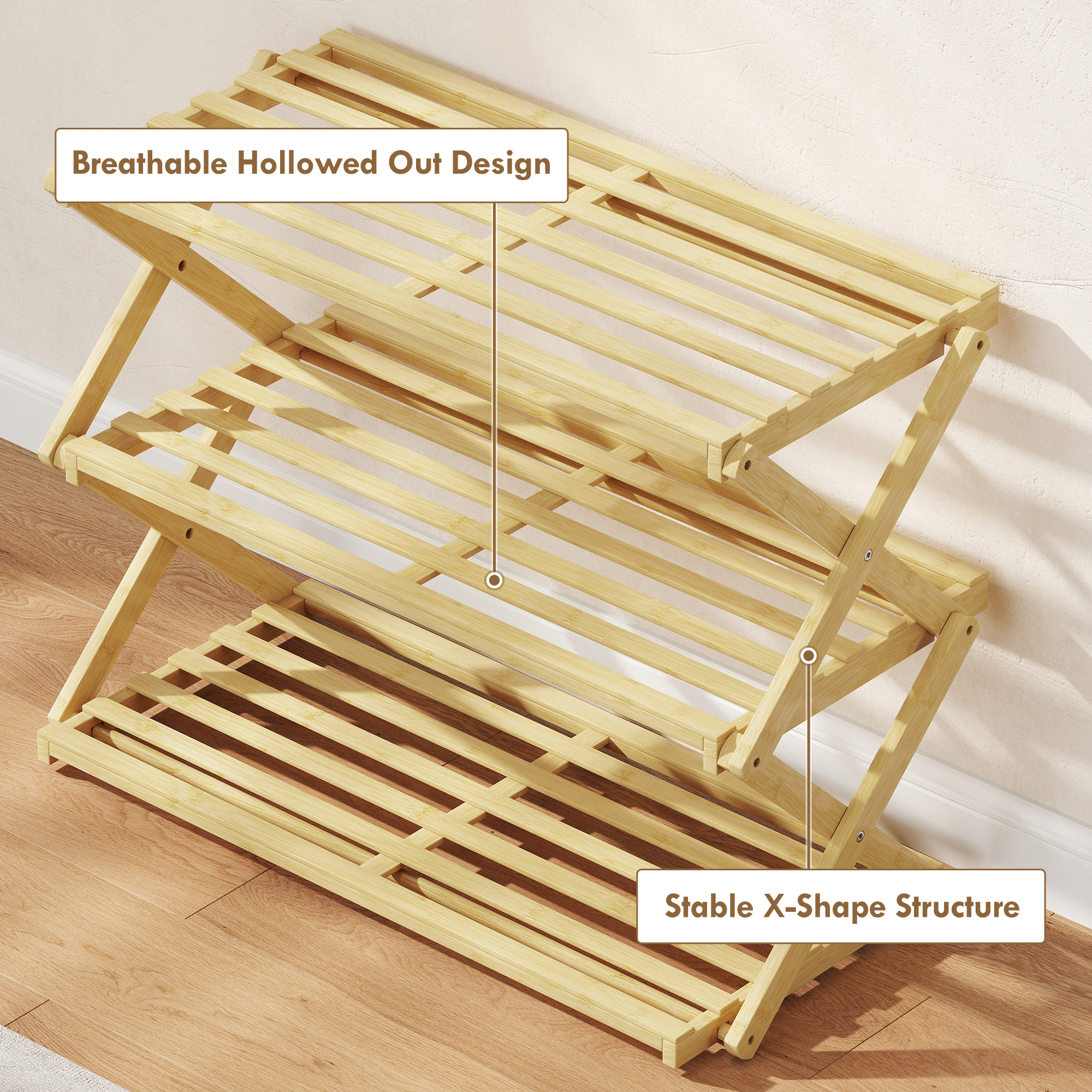 Three Layer Folding Bamboo Shoe Rack - Natural Color — image 10