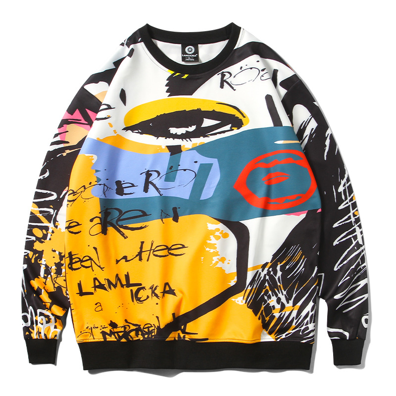 Title 4, Graffiti Printed Pullover Round Neck Sweater Fo...