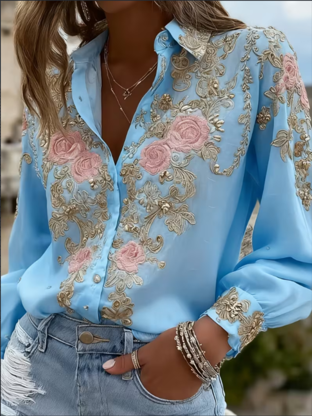 Embroidered Floral Long-Sleeve Button-Down Blouse