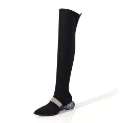 Suede Pointed Toe Elastic Lining Full Leather Crystal Chunky Heel Boots - Long Boots-Plus Velvet-36 - View 1