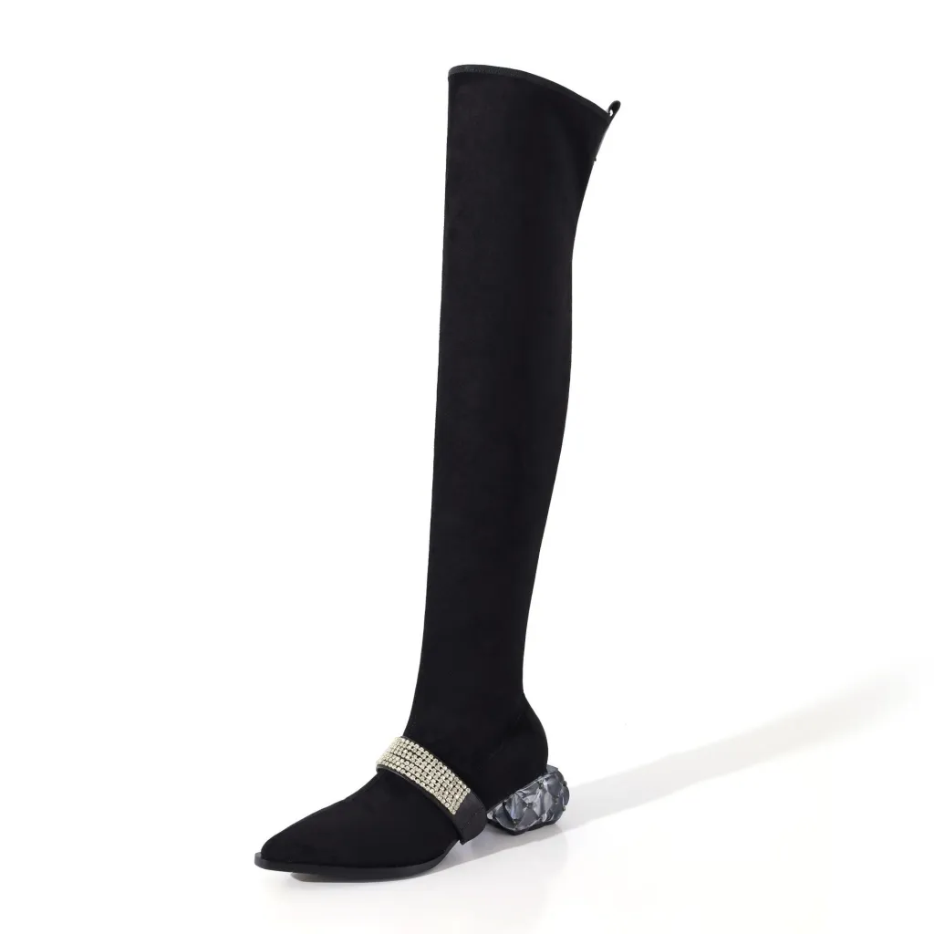 Suede Pointed Toe Elastic Lining Full Leather Crystal Chunky Heel Boots - Long Boots-Plus Velvet-36
