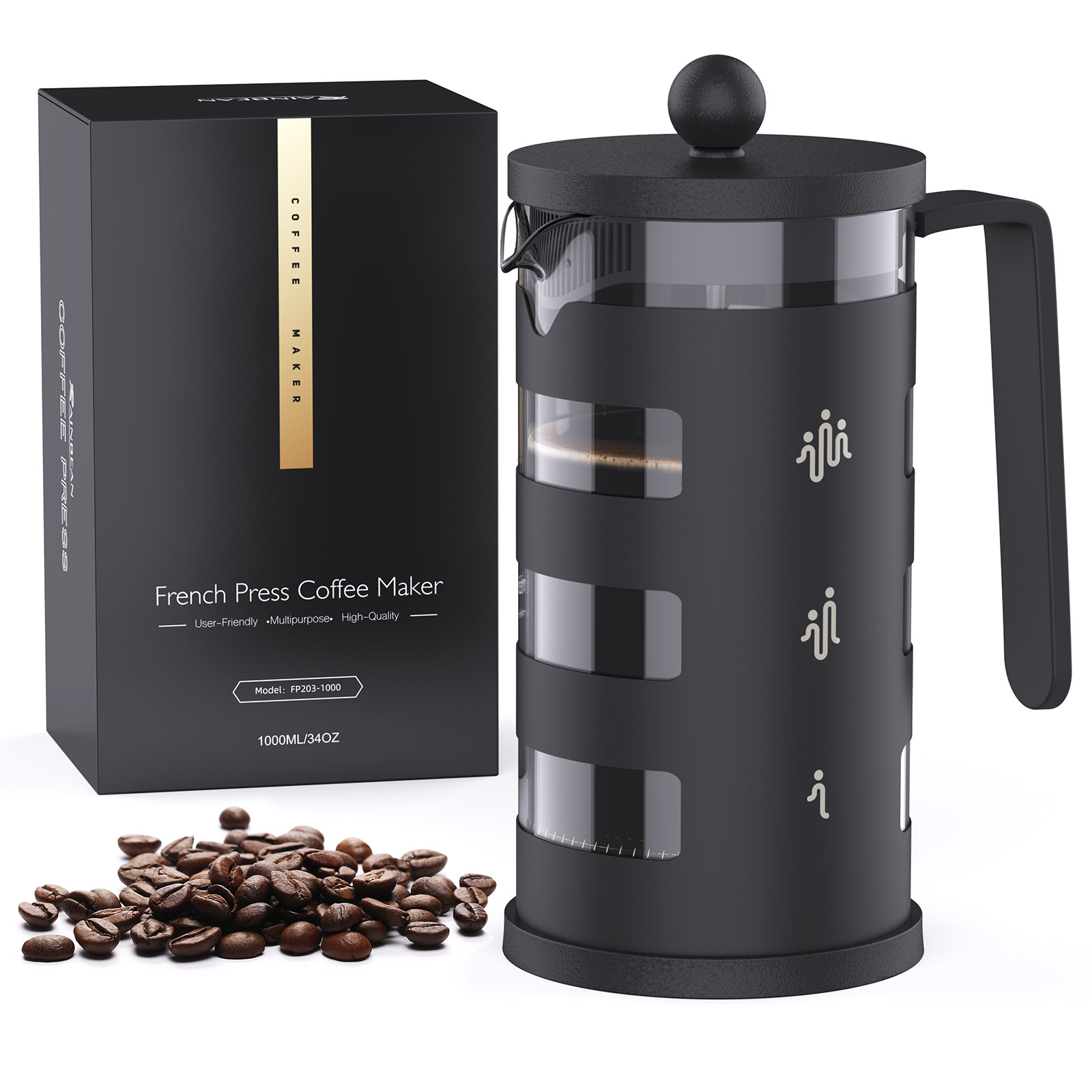 RAINBEAN French Press Coffee Maker - Heat Resistant Glass. FRIENDLY COFFEE MAKER: Unique design with HUMAN-SHAPED logo, means sharing happiness with family and friends! 350ml/12 ounces french press makes 2-3 cups of coffee could enjoy, you could brew deli