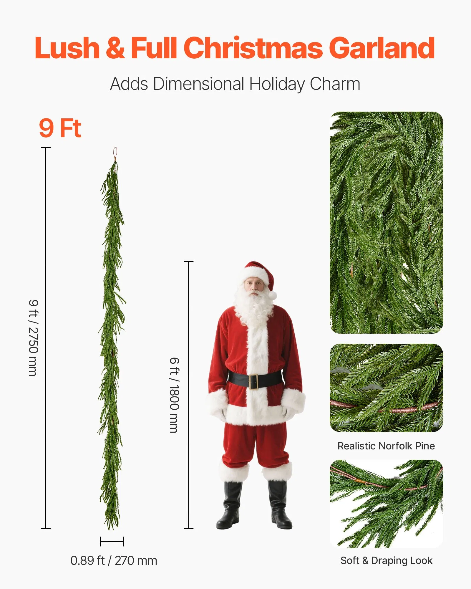 Faux Norfolk Christmas Garland 9Ft Artificial Greenery Xmas Decor For Fireplace image 10