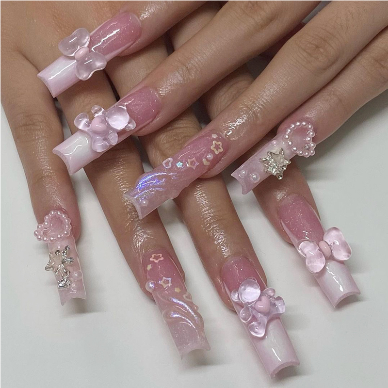 24 PCS Bear Bowbowknot Nail Art, Long Length Long Water Pipe Fake Nails,Square Head Nail Tips False Nail