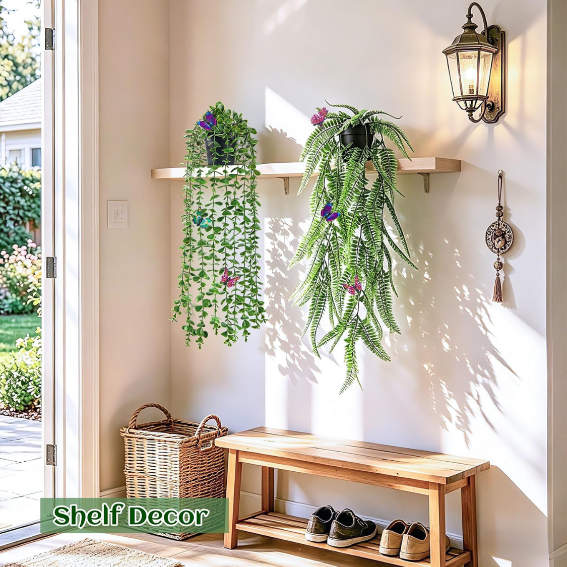 Fake Hanging Plants With Butterflies For Shelf Wall Decor Artificial Eucalyptus Ivy Vines Faux Potted Hanging Plants Indoor For Bathroom Kitchen Office Wall Shelf Outdoor Decor