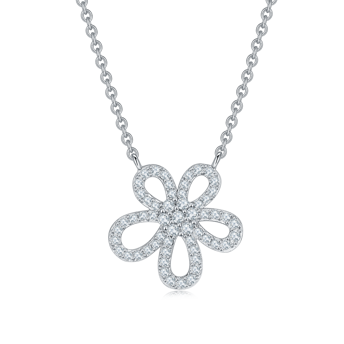 S925 Sterling Silver Dainty Flower Necklace, 49 D-VVS1 Moissanite Pave, Platinum Plated 1.1g With GRA Certificate & Gift Box