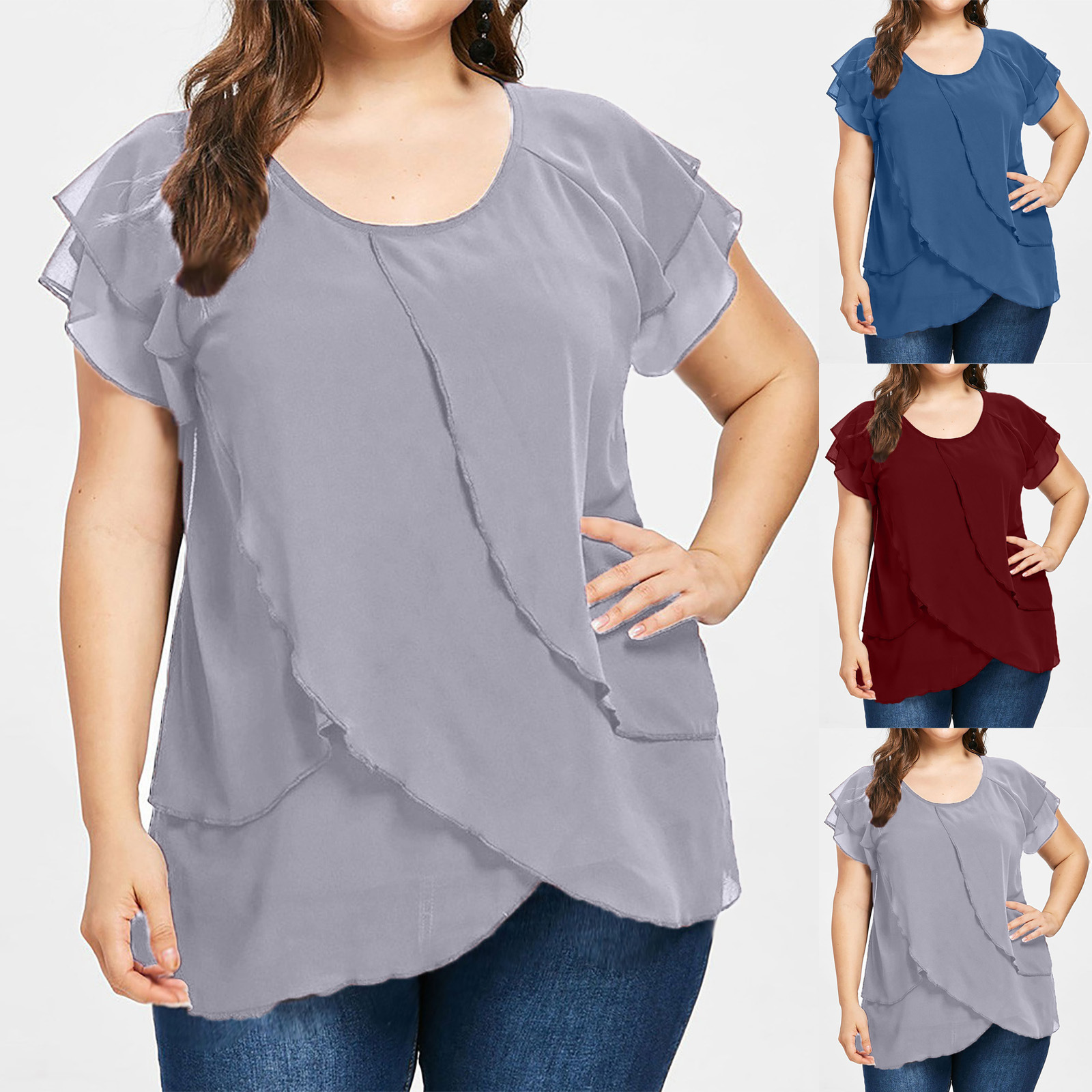 Women's Solid Color Chiffon Round Neck Multi-layer Stitching Short-sleeved Split Top
