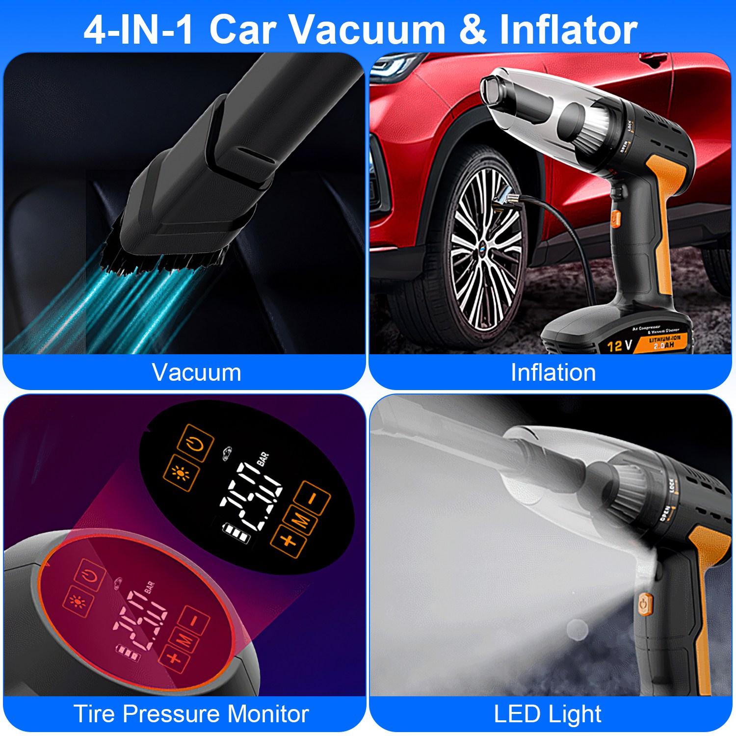 1Pc 4 In 1 Cordless Car Vacuum Cleaner And Tire Inflator With LED Light Digital Display Tire Pressure Gauge 150PSI Rechargeable Air Compressor Pump Essential Car Accessories - Image 6