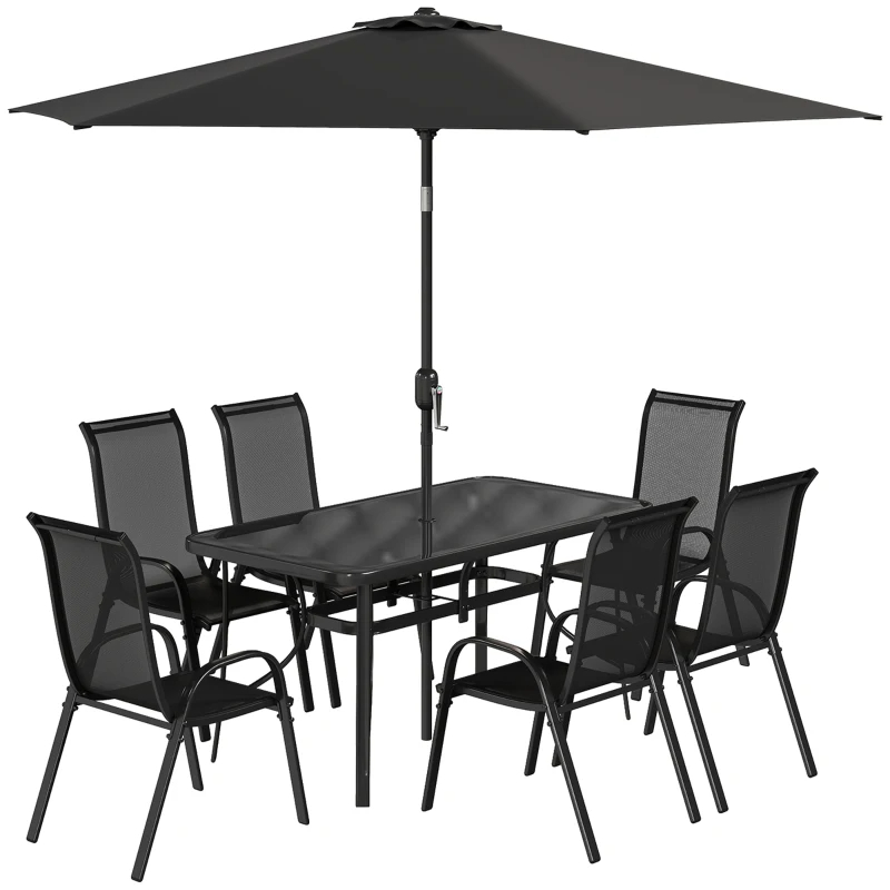 8 Pieces Patio Furniture Set With 9Ft Patio Umbrella, Outdoor Dining Table And Chairs, Black