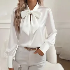 Women's Solid Color Satin Long Sleeve Casual Shirt With Bow Decor Blouse Spring Fall Daily Wear Top - White - View 1