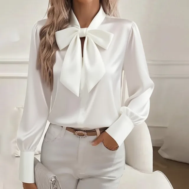 Women's Solid Color Satin Long Sleeve Casual Shirt With Bow Decor Blouse Spring Fall Daily Wear Top White - Shop at LoveMi