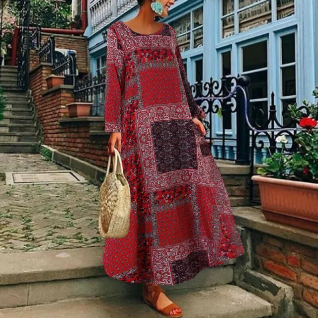 Women's Cotton And Linen Dress Long Sleeve Red - Shop at LoveMi