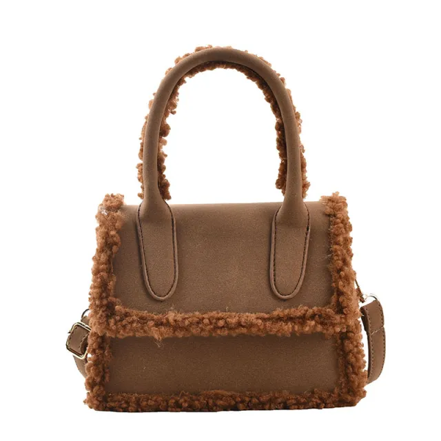 Plush Design Fur Stitching One shoulder Messenger Bag Coffee - Shop at LoveMi
