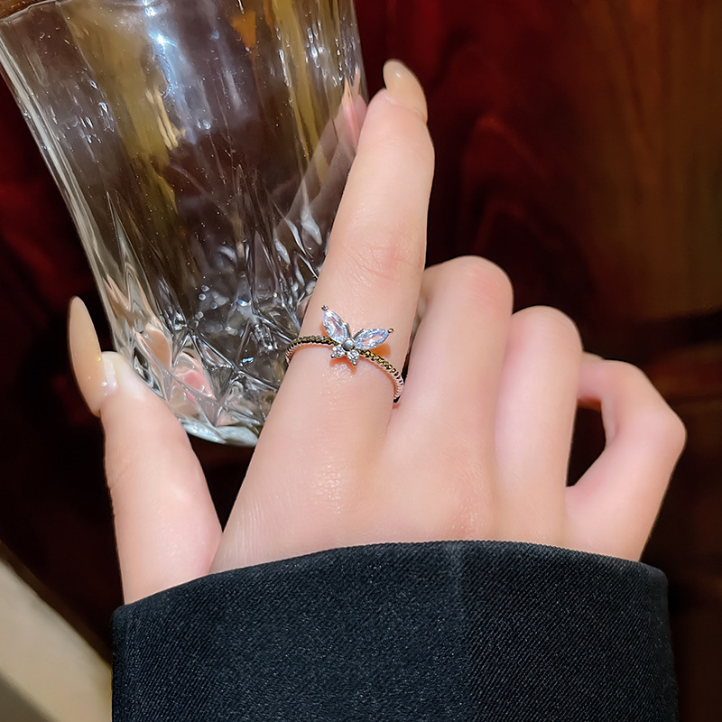 1PCS Ins Style Silver Zircon Ring For Women, Light Luxury Minimalist Design, Adjustable Open Band, Versatile Elegant Jewelry