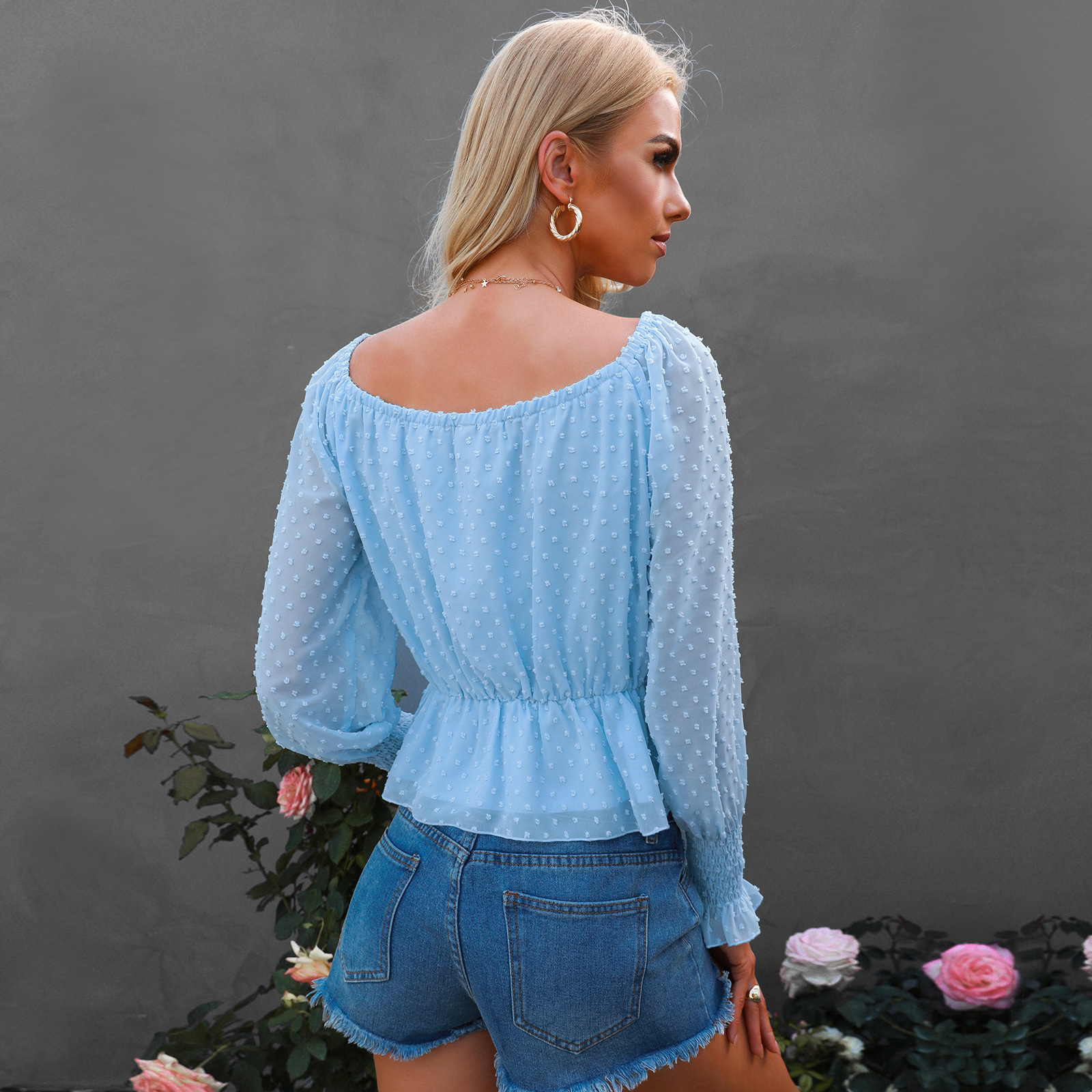 European And American Summer Women's Waist Large Round Neck Jacquard Chiffon Top