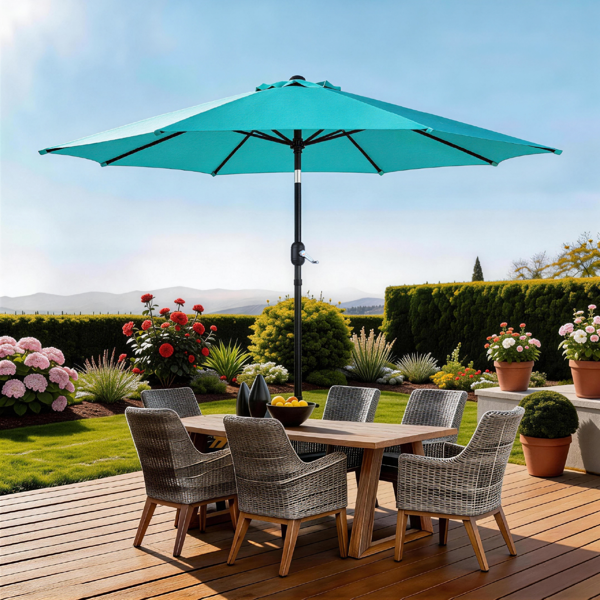 9ft Patio Umbrella, Outdoor Market Umbrella With Push Button Tilt, Crank Handle, 6 Sturdy Iron Ribs, UPF Waterproof Polyester Canopy, KD Design For Garden, Deck, Backyard, Poolside, Sky Blue - Image 10