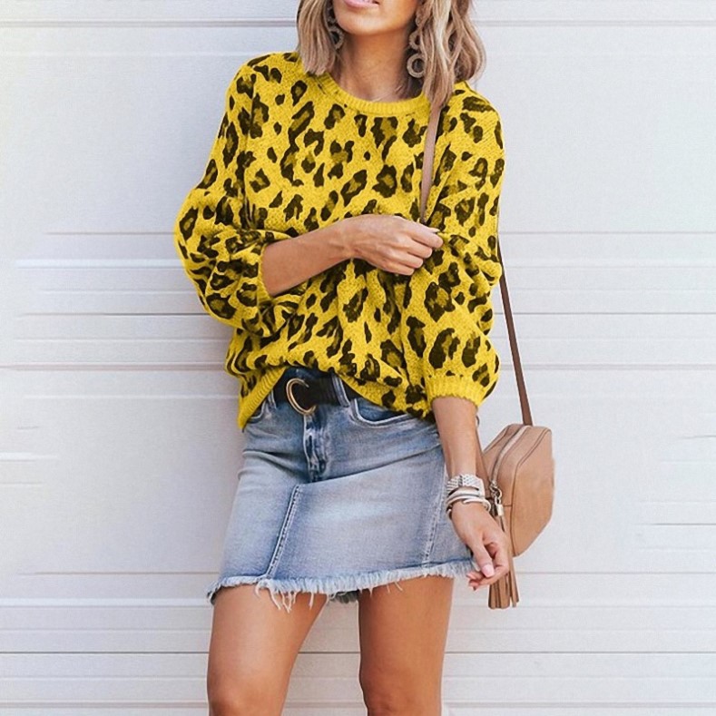 Lantern Sleeve Leopard Jacquard Sweater Female Yellow - Shop at LoveMi