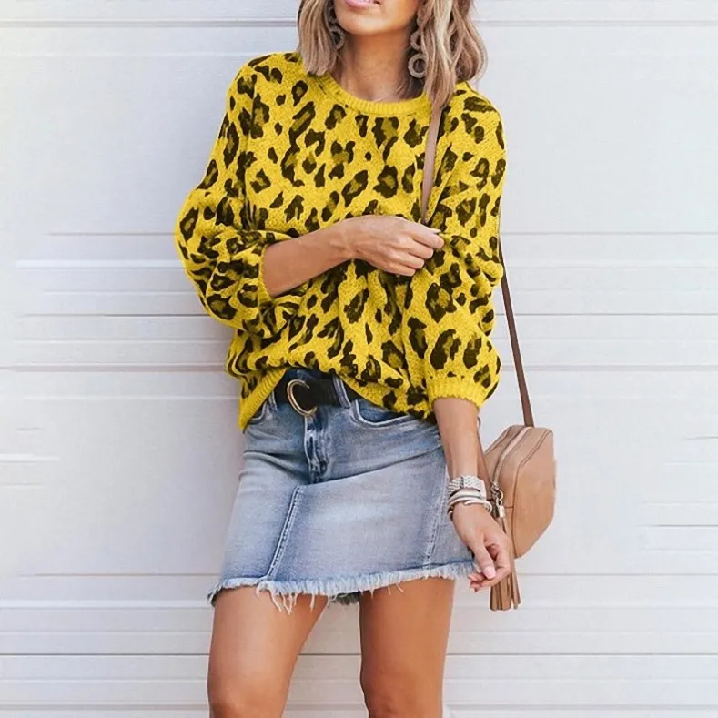 Lantern Sleeve Leopard Jacquard Sweater Female - Yellow