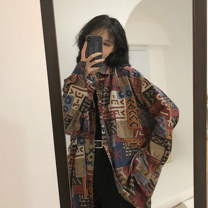 Title 2, Womens Retro Print Loose Outer Long-sleeved To...