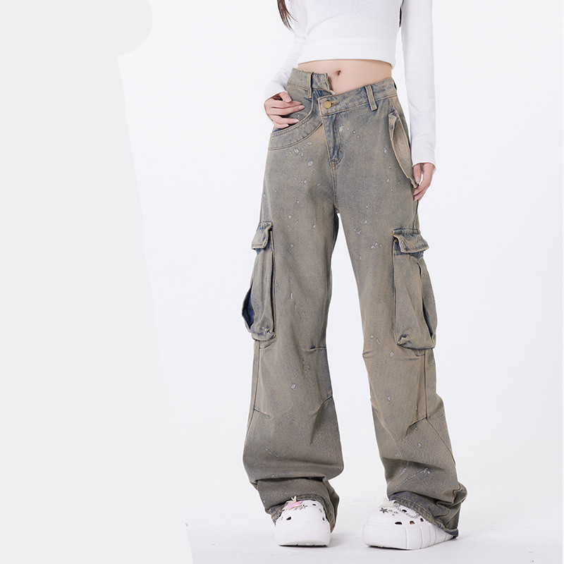 American Street Fashion Retro Easy Matching Washed Cargo Pocket Denim Trousers
