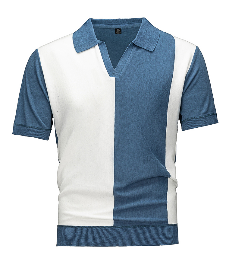 Men's Smart Casual Knit Polo, Navy & White Color Block Short Sleeve Johnny Collar Top