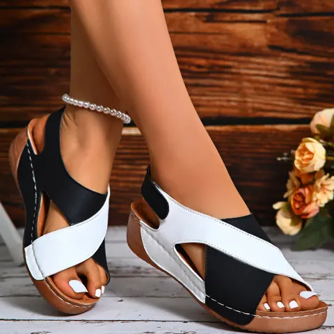 Summer Wedges Sandals with Colorblock Cross-strap Design Casual Thick-soled