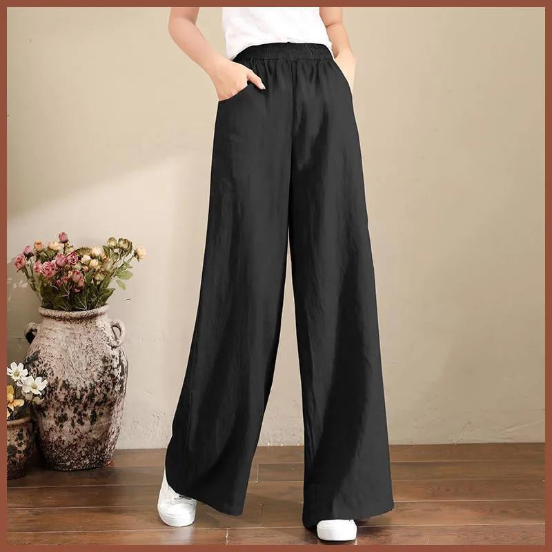 Pure Linen Large Size Wide-leg Pants Women's Drawstring Elastic Waist Cotton And Linen Spring And Autumn Women's Trousers Loose Cotton And Linen Drape Autumn