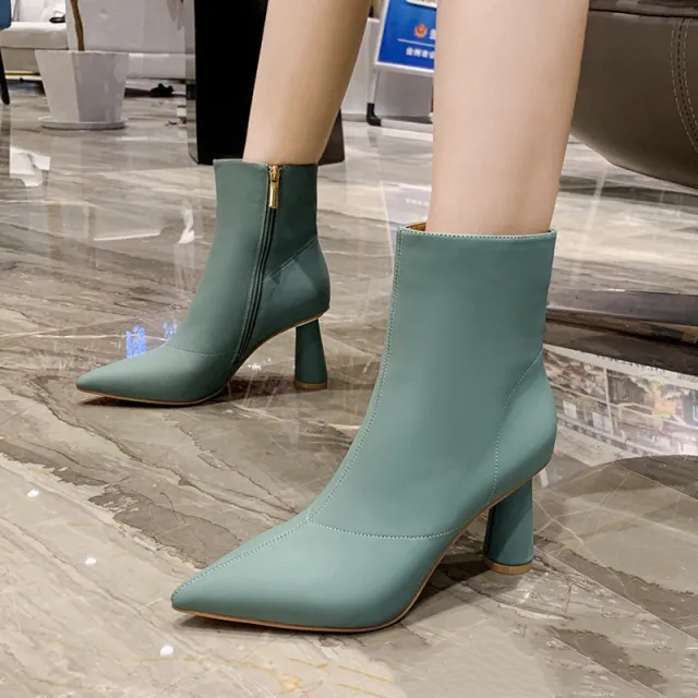 Women's All Match Chunky Heel Ankle Boots Pointed Toe High Heel Turquoise 35 - Shop at LoveMi
