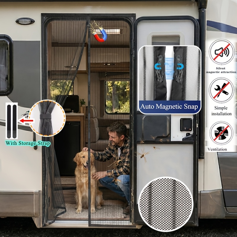 1pc RV Magnetic Screen Door - Easy To Install, Breathable, Mosquito-proof With Storage Straps, Suitable For Camper Vans, Trailers And RVs With Automatic Closing Screen Curtain, Screen Door