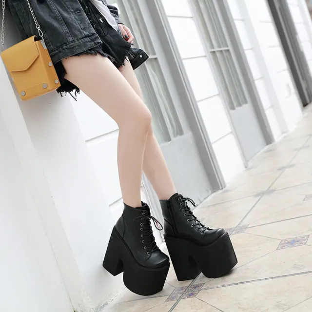 Height 17cm Chunky Heel Motorcycle Boots Women Platform Black - Shop at LoveMi