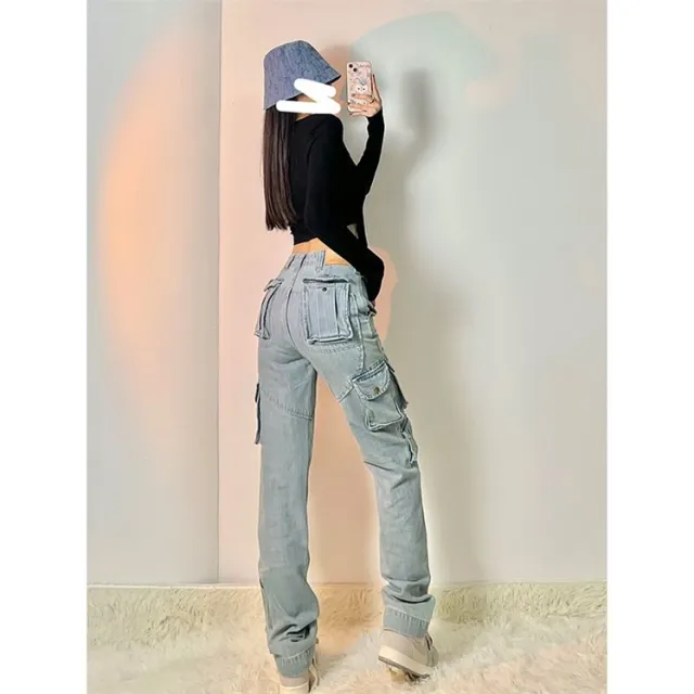 Women's High Street Multi Pocket Cargo Jeans Blue - Shop at LoveMi