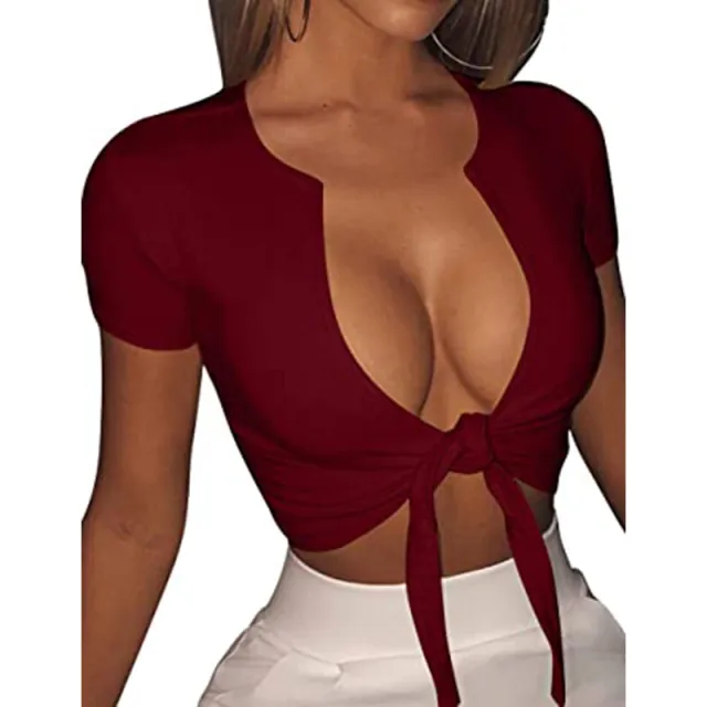 Spring And Summer Slim fit V neck Sexy Solid Color Top Red Wine - Shop at LoveMi