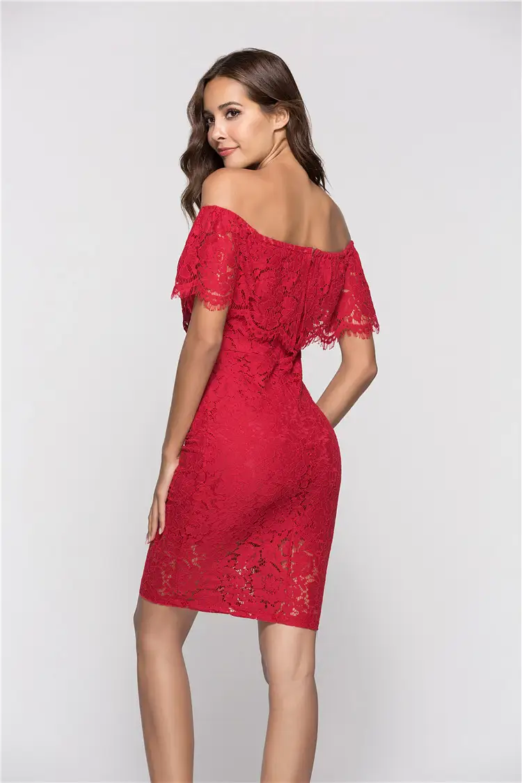 Sexy Open Back Lace One-Line Collar Solid Color Raglan Sleeves Mid-Length Dress
