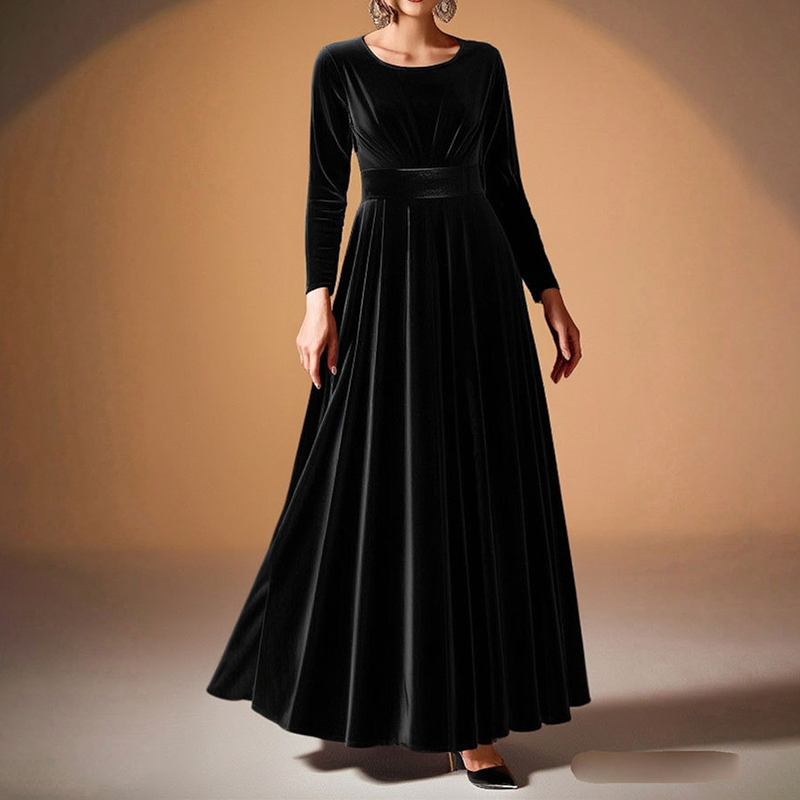 Women's Elegant Velvet Pleated Long Sleeve Cocktail Party Formal Wedding Guest A Line Maxi Long Dress Black - Shop at LoveMi