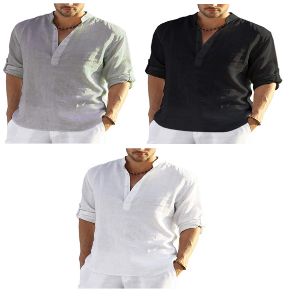 Men's Casual Cotton Linen, Long Sleeve Shirt / Indian Short Kurta, Loose Stand C