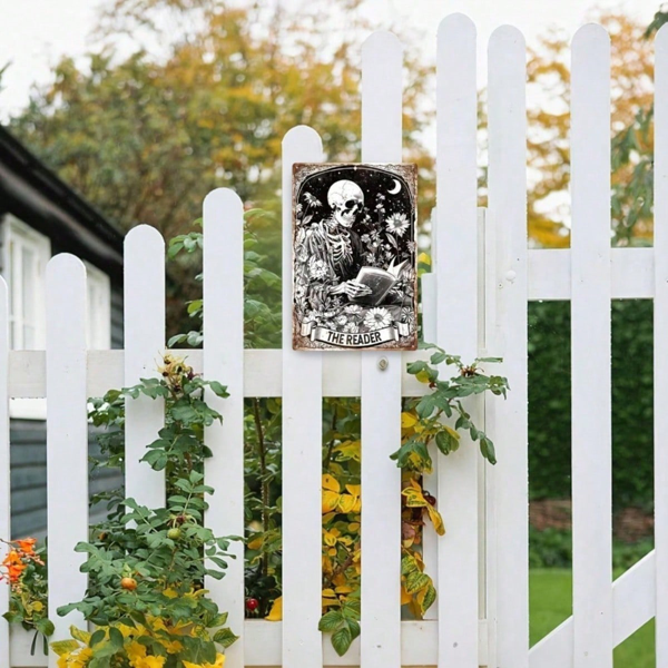 CIFbuy Vintage Retro Skeleton Reading Books Metal Tin Sign, Funny Floral Moon Pattern Rectangular Wall Art, Rectangular Wall Art, Waterproof Rustproof Unfram image 6