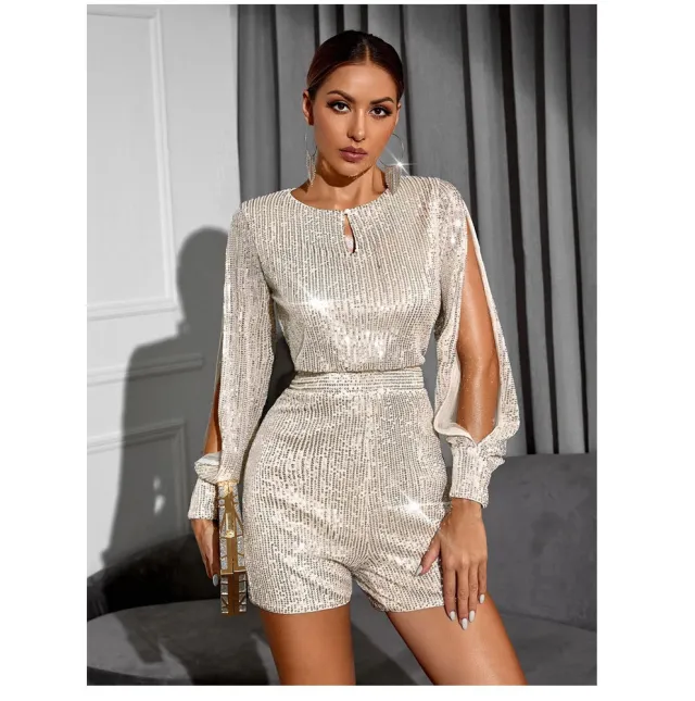 Sequined Long Sleeve Sequined Casual Jumpsuit Silver - Shop at LoveMi