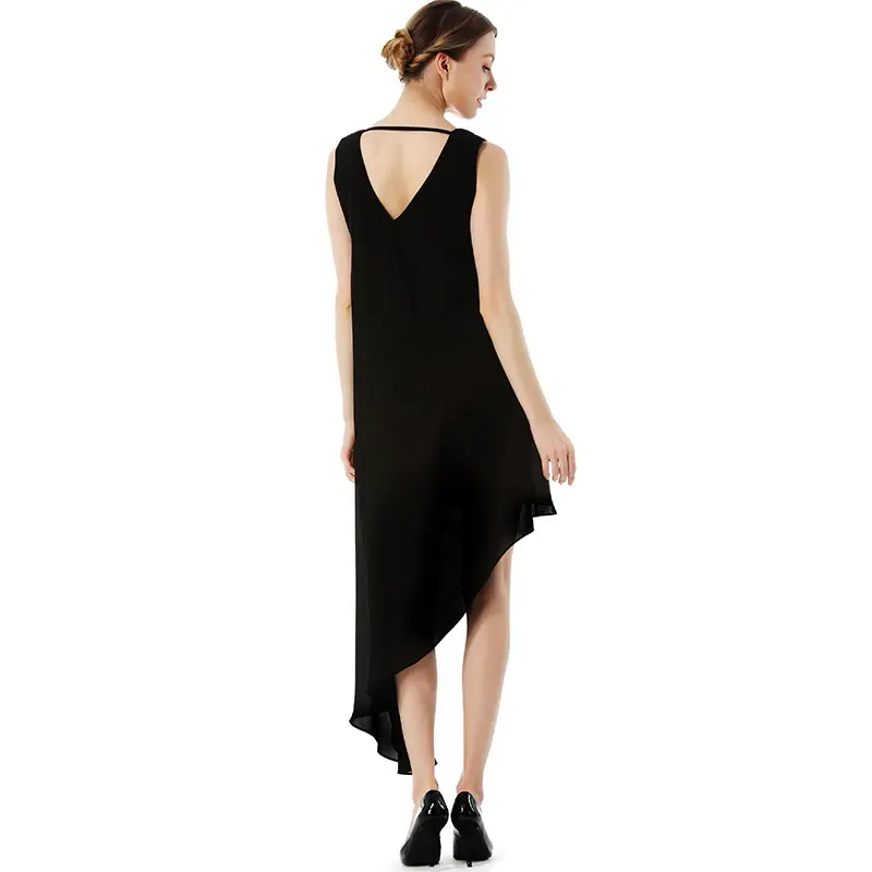 Solid Color V-Neck Sleeveless Sexy Leaky Back Diagonal Chiffon Dress